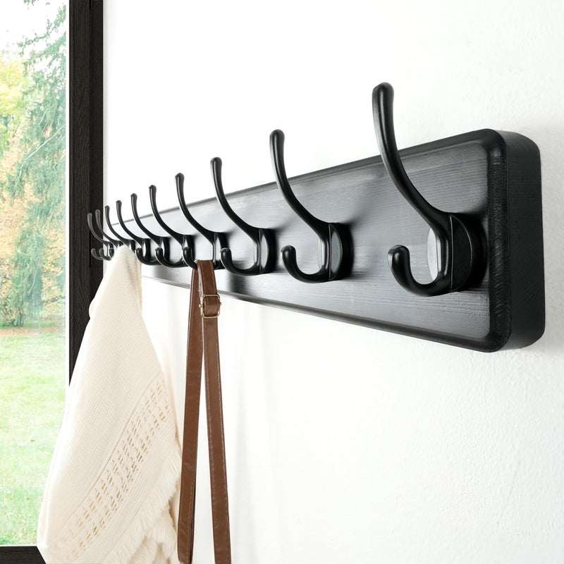 Dseap Coat Rack Wall: 38-1/4" Long, Patented, Heavy-Duty, 10-Double-Hooks Wooden Wall Mounted Coat Rack Coat Hanger Hook Rail for Winter Coats Hat Jacket Clothing, Black - Image 5